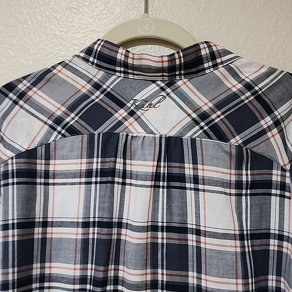 Kuhl Women’s Plaid Lexi Long Sleeve Shirt in Gray/White/Orange Tencel Size Med